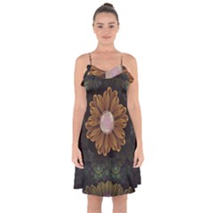 Abloom In Autumn Leaves With Faded Fractal Flowers Ruffle Detail Chiffon Dress by jayaprime