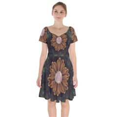 Abloom In Autumn Leaves With Faded Fractal Flowers Short Sleeve Bardot Dress by jayaprime