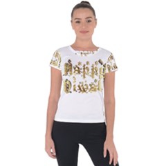 Happy Diwali Gold Golden Stars Star Festival Of Lights Deepavali Typography Short Sleeve Sports Top  by yoursparklingshop