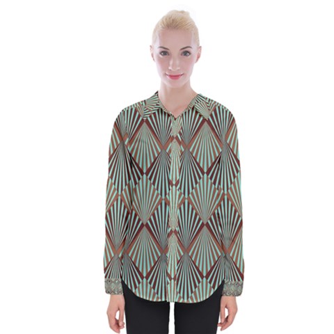 Art Deco Teal Brown Womens Long Sleeve Shirt by NouveauDesign