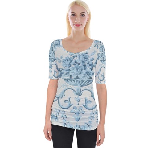 Blue Vintage Floral  Wide Neckline Tee by NouveauDesign