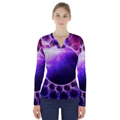 Beautiful Violet Nasa Deep Dream Fractal Mandala V-neck Long Sleeve Top by jayaprime