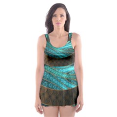 Beautiful Leather & Blue Turquoise Fractal Jewelry Skater Dress Swimsuit by jayaprime