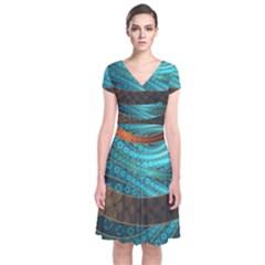 Beautiful Leather & Blue Turquoise Fractal Jewelry Short Sleeve Front Wrap Dress by jayaprime