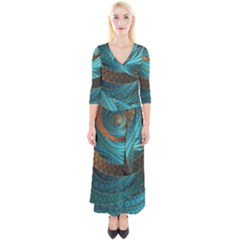 Beautiful Leather & Blue Turquoise Fractal Jewelry Quarter Sleeve Wrap Maxi Dress by jayaprime