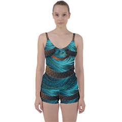 Beautiful Leather & Blue Turquoise Fractal Jewelry Tie Front Two Piece Tankini by jayaprime