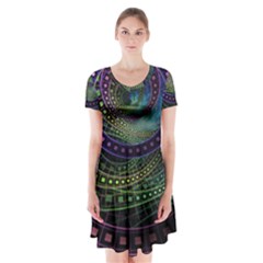 Oz The Great With Technicolor Fractal Rainbow Short Sleeve V-neck Flare Dress by jayaprime