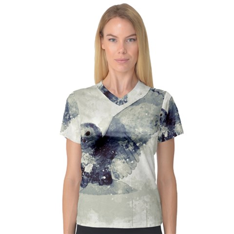 Cute Owl In Watercolor V-neck Sport Mesh Tee by FantasyWorld7