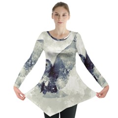 Cute Owl In Watercolor Long Sleeve Tunic  by FantasyWorld7