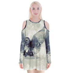 Cute Owl In Watercolor Velvet Long Sleeve Shoulder Cutout Dress by FantasyWorld7