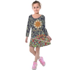 Dark Slate Blue Autumn Flowers Kids  Long Sleeve Velvet Dress by PattyVilleDesigns