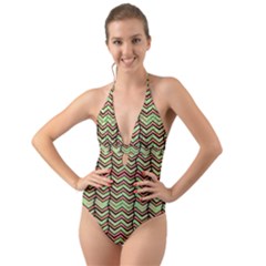 Zig Zag Multicolored Ethnic Pattern Halter Cut-out One Piece Swimsuit