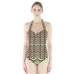 Zig Zag Multicolored Ethnic Pattern Halter Swimsuit by dflcprintsclothing