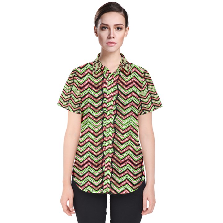 Zig Zag Multicolored Ethnic Pattern Women s Short Sleeve Shirt