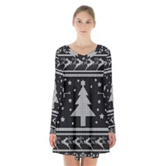 Ugly Christmas Sweater Long Sleeve Velvet V-neck Dress by Valentinaart