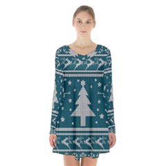 Ugly Christmas Sweater Long Sleeve Velvet V-neck Dress by Valentinaart