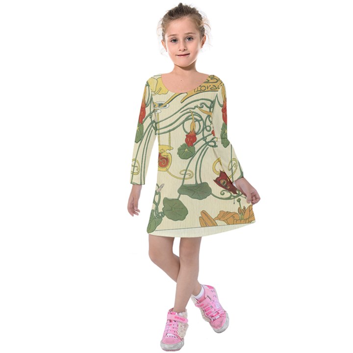 Floral Art Nouveau Kids  Long Sleeve Velvet Dress