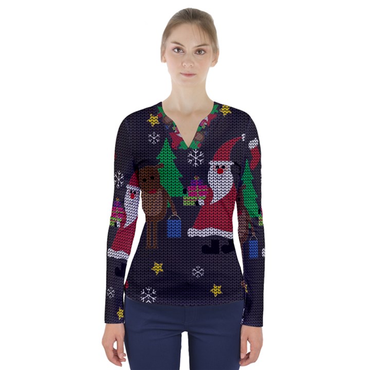 Ugly Christmas Sweater V-Neck Long Sleeve Top