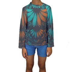 Beautiful Teal And Orange Paisley Fractal Feathers Kids  Long Sleeve Swimwear by jayaprime