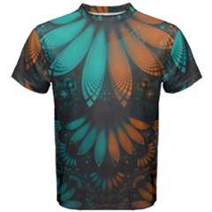 Beautiful Teal And Orange Paisley Fractal Feathers Men s Cotton Tee by jayaprime