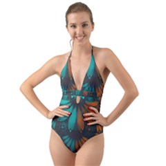 Beautiful Teal And Orange Paisley Fractal Feathers Halter Cut-out One Piece Swimsuit by jayaprime