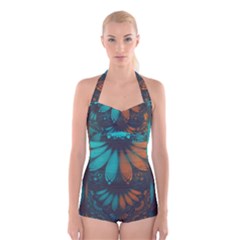 Beautiful Teal And Orange Paisley Fractal Feathers Boyleg Halter Swimsuit  by jayaprime