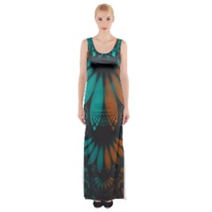 Beautiful Teal And Orange Paisley Fractal Feathers Maxi Thigh Split Dress by jayaprime