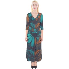 Beautiful Teal And Orange Paisley Fractal Feathers Quarter Sleeve Wrap Maxi Dress by jayaprime