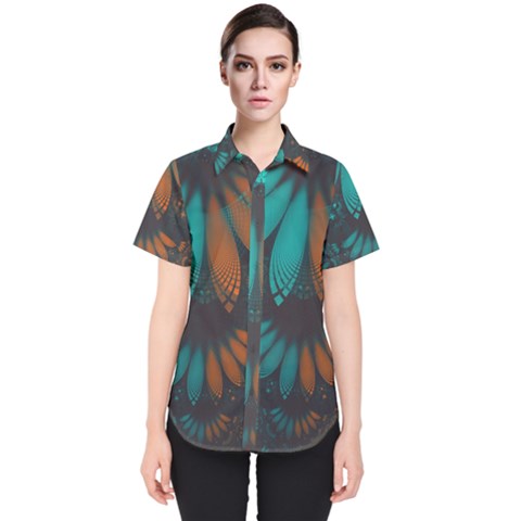 Beautiful Teal And Orange Paisley Fractal Feathers Women s Short Sleeve Shirt by jayaprime