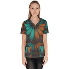 Beautiful Teal And Orange Paisley Fractal Feathers Scrub Top by jayaprime