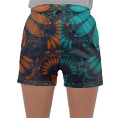 Beautiful Teal And Orange Paisley Fractal Feathers Sleepwear Shorts by jayaprime