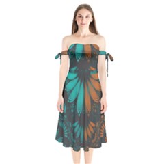 Beautiful Teal And Orange Paisley Fractal Feathers Shoulder Tie Bardot Midi Dress by jayaprime