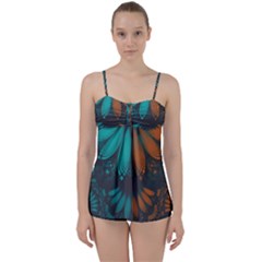 Beautiful Teal And Orange Paisley Fractal Feathers Babydoll Tankini Set by jayaprime