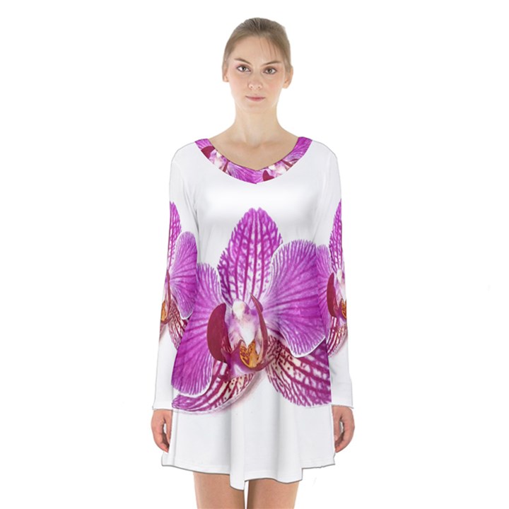 Lilac Phalaenopsis Aquarel  watercolor art painting Long Sleeve Velvet V-neck Dress