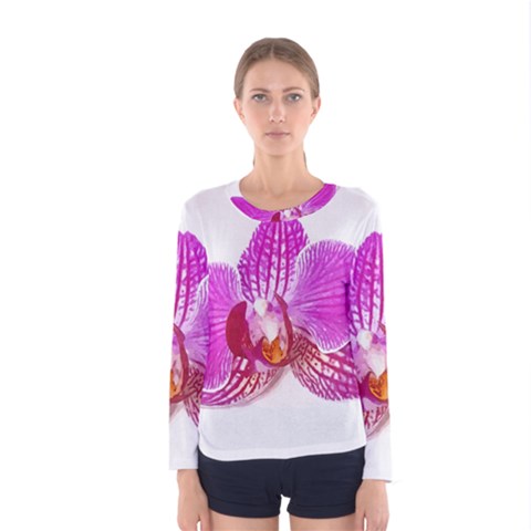 Lilac Phalaenopsis Flower, Floral Oil Painting Art Women s Long Sleeve Tee by picsaspassion