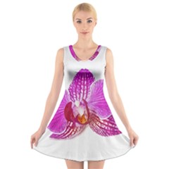 Lilac Phalaenopsis Flower, Floral Oil Painting Art V-neck Sleeveless Skater Dress by picsaspassion