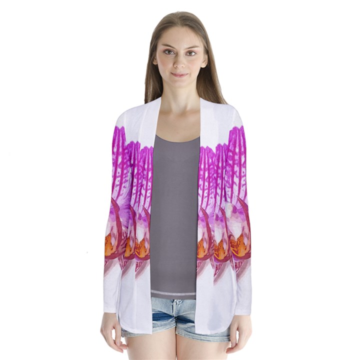 Lilac Phalaenopsis flower, Floral Oil painting art Drape Collar Cardigan