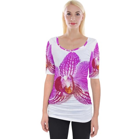 Lilac Phalaenopsis Flower, Floral Oil Painting Art Wide Neckline Tee by picsaspassion