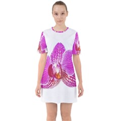 Lilac Phalaenopsis Flower, Floral Oil Painting Art Sixties Short Sleeve Mini Dress by picsaspassion