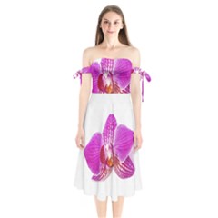 Lilac Phalaenopsis Flower, Floral Oil Painting Art Shoulder Tie Bardot Midi Dress by picsaspassion