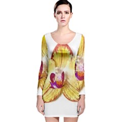 Yellow Phalaenopsis Flower, Floral Aquarel Watercolor Painting Art Long Sleeve Velvet Bodycon Dress by picsaspassion