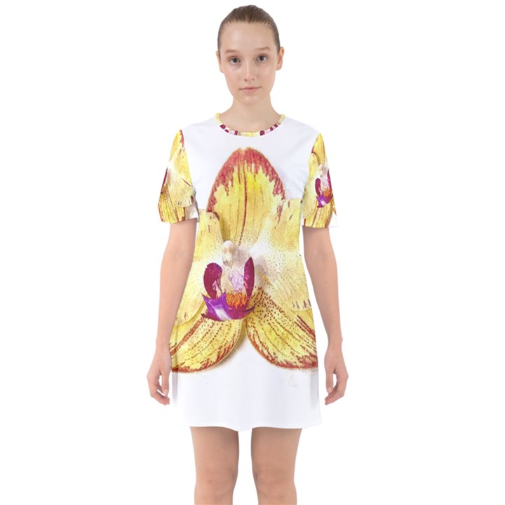 Yellow Phalaenopsis flower, floral Aquarel watercolor painting art Sixties Short Sleeve Mini Dress