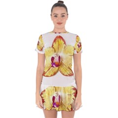 Yellow Phalaenopsis Flower, Floral Aquarel Watercolor Painting Art Drop Hem Mini Chiffon Dress by picsaspassion