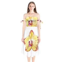 Yellow Phalaenopsis Flower, Floral Aquarel Watercolor Painting Art Shoulder Tie Bardot Midi Dress by picsaspassion