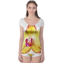 Phalaenopsis Yellow Flower, Floral Oil Painting Art Boyleg Leotard  by picsaspassion