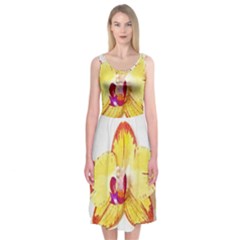 Phalaenopsis Yellow Flower, Floral Oil Painting Art Midi Sleeveless Dress by picsaspassion