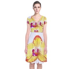 Phalaenopsis Yellow Flower, Floral Oil Painting Art Short Sleeve Front Wrap Dress by picsaspassion