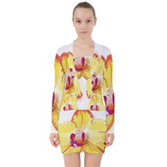 Phalaenopsis Yellow Flower, Floral Oil Painting Art V-neck Bodycon Long Sleeve Dress by picsaspassion