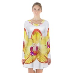 Phalaenopsis Yellow Flower, Floral Oil Painting Art Long Sleeve Velvet V-neck Dress by picsaspassion