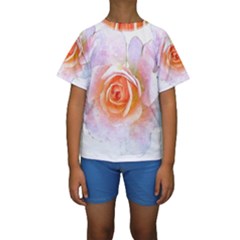 Pink Rose Flower, Floral Watercolor Aquarel Painting Art Kids  Short Sleeve Swimwear by picsaspassion